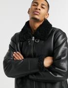 Asos Design Faux Shearling Aviator Jacket In Black With Buckle Detail