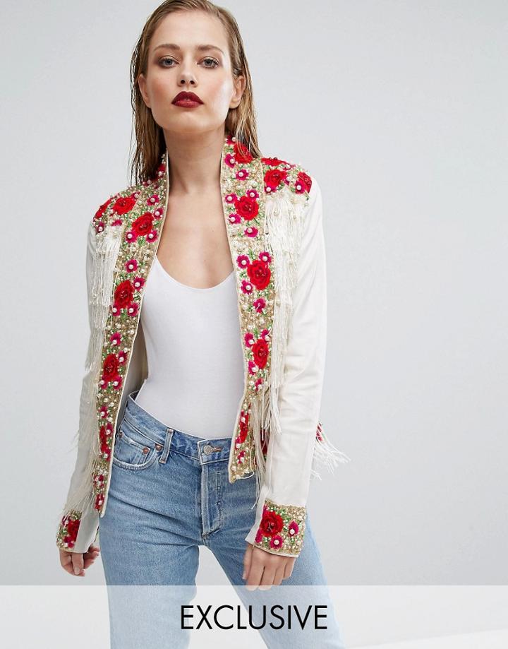 A Star Is Born Rose Embroidered Trophy Jacket With Fringe - White