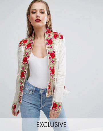A Star Is Born Rose Embroidered Trophy Jacket With Fringe - White