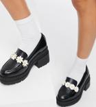 Asos Design Wide Fit Simone Chunky Mid Heeled Loafers In Black With Daisy