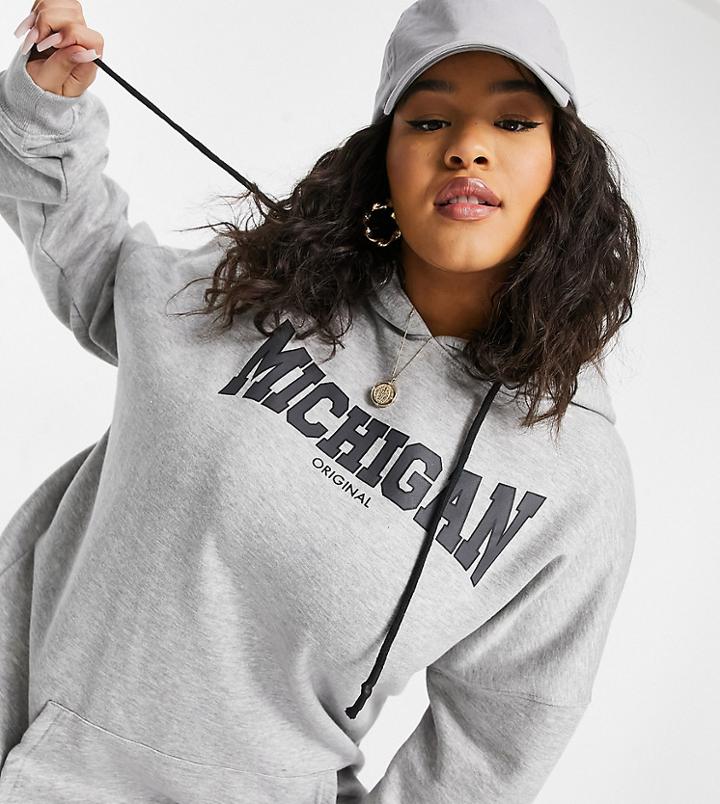 Public Desire Curve Oversized Hoodie With Michigan Slogan In Heather Gray-grey