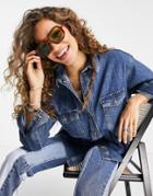 Topshop Oversized Recycled Cotton Blend Denim Shirt In Mid Blue