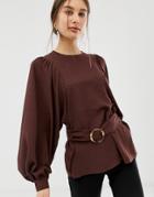 Asos Design Oversized Long Sleeve Top With Belt Detail-brown