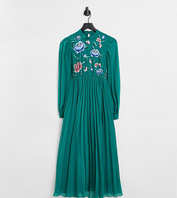 Asos Design Maternity High Neck Pleated Long Sleeve Skater Midi Dress With Embroidery In Forest Green