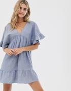 Asos Design V Front V Back Smock Mini Dress In Chambray-blue