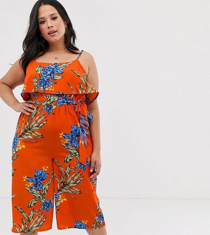 Influence Plus Overlay Jumpsuit In Bright Floral Print - Orange