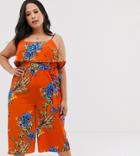 Influence Plus Overlay Jumpsuit In Bright Floral Print - Orange