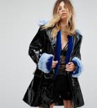 Sacred Hawk High Shine Vinyl Jacket With Faux Fur Trims - Black