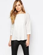 Sisley 3/4 Sleeve Pleat Neck Smock Blouse In Cream - 074 Off White