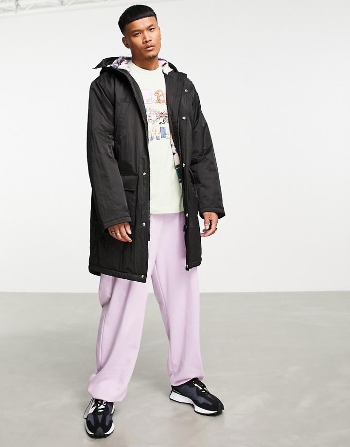 Asos Design Parka In Black With Printed Sherpa Lining