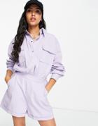 Asos Design Snap-front Utility Romper In Lilac-purple