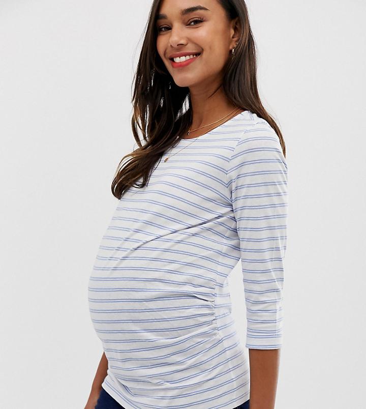 New Look Maternity 3/4 Sleeve Stripe Tee In Blue - Blue