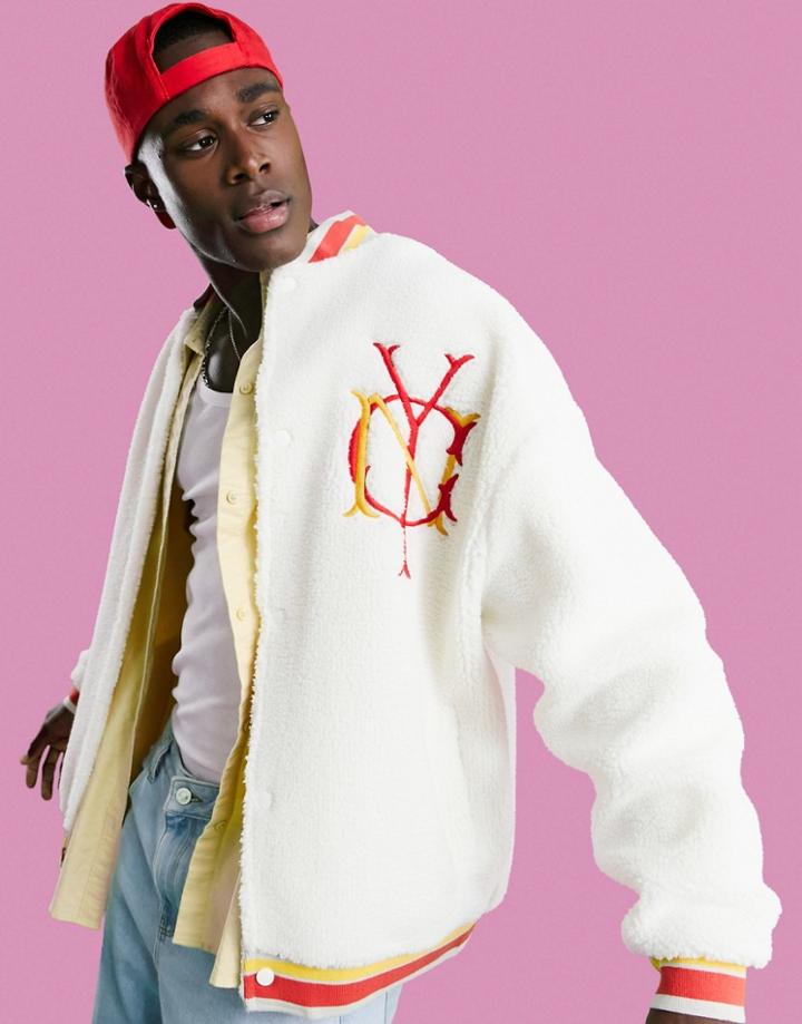 Asos Design Oversized Shearling Varsity Jacket With Nyc Applique-white