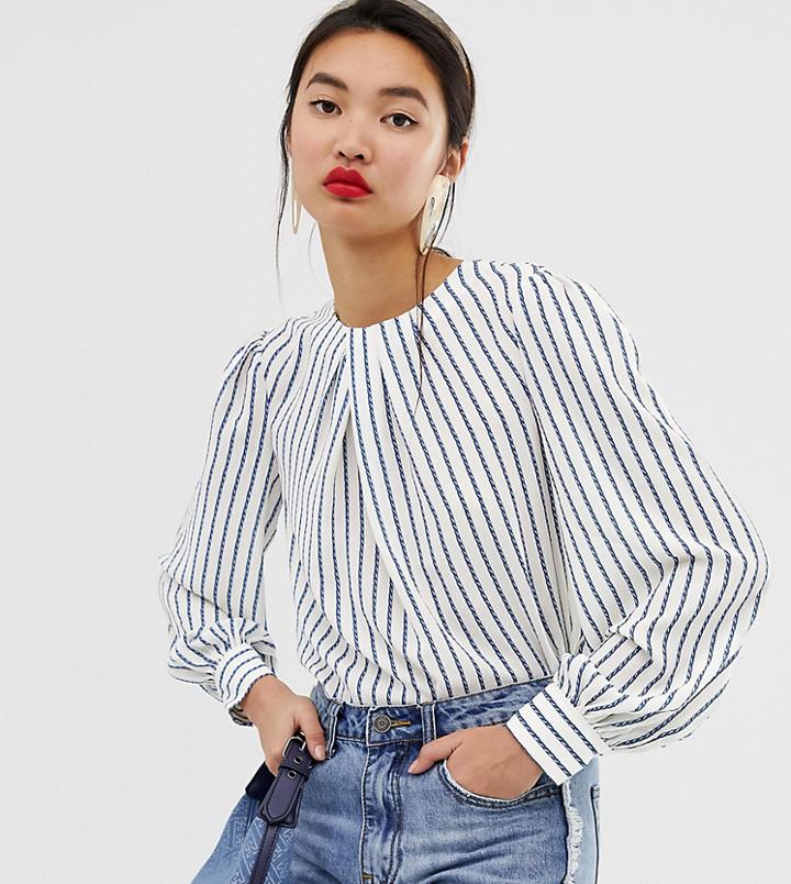Warehouse Stripe Pleat Neck Top In White - White