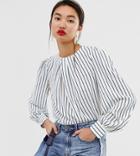 Warehouse Stripe Pleat Neck Top In White - White