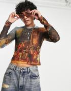 Asos Design Muscle Long Sleeve T-shirt In Scenic Printed Mesh In Polyester - Brown