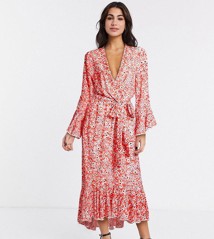 Twisted Wunder Tall Exclusive Ruffle Midi Dress In Red Daisy-multi
