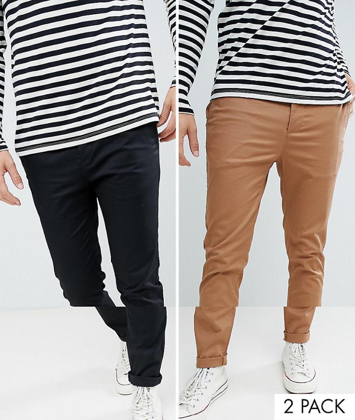 Asos Design 2 Pack Skinny Chinos In Camel & Black Save - Multi