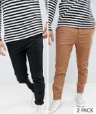 Asos Design 2 Pack Skinny Chinos In Camel & Black Save - Multi