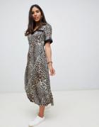 Asos Design Collared Maxi Dress In Leopard Print - Multi