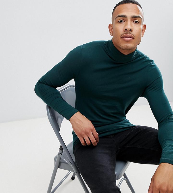 Asos Design Tall Muscle Fit Long Sleeve T-shirt With Roll Neck In Green - Green