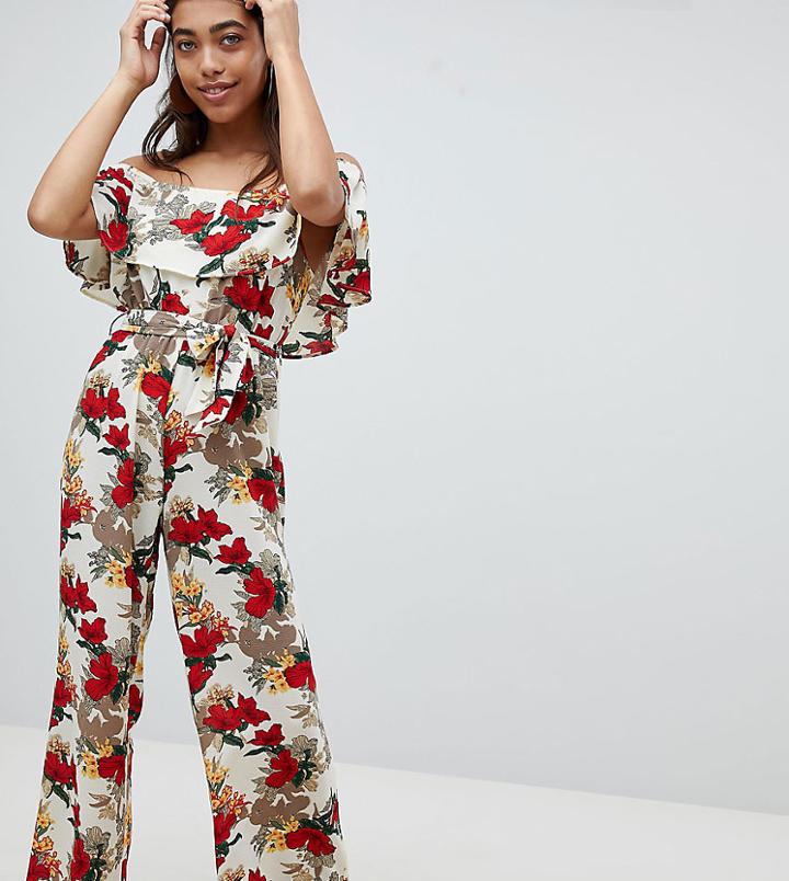 Prettylittlething Floral Bardot Tie Waist Jumpsuit - Cream