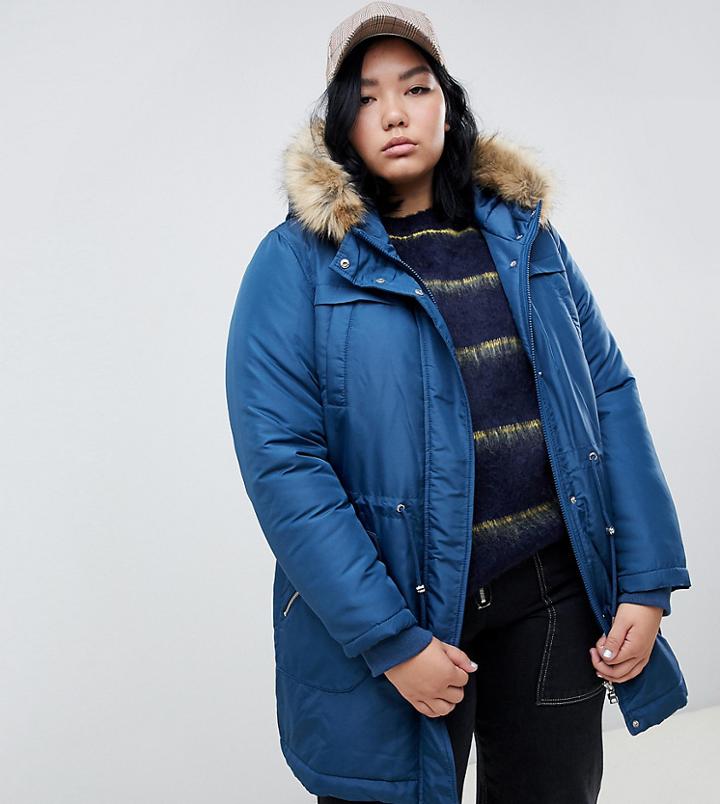Junarose Fur Trim Parka Coat - Blue