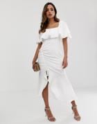 Asos Design Square Neck Midi Dress With Ruched Pep Hem-white