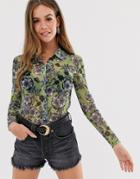 Sacred Hawk Sheer Fitted Shirt In Retro Print-green