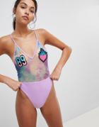 Jaded London Cami Plunge Swimsuit With Printed Mesh And Badges - Multi