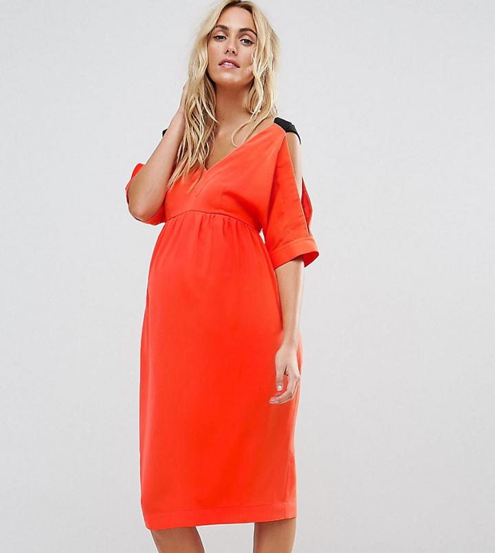 Asos Maternity Cold Shoulder Dress With Cross Back Detail - Red