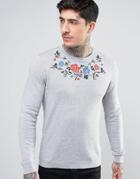 Asos Knitted Sweater With Floral Embroidery - Gray