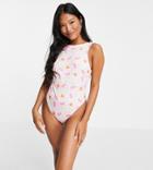 Asos Design Petite High Neck Swimsuit In Neon Gingham Fruit Print-multi