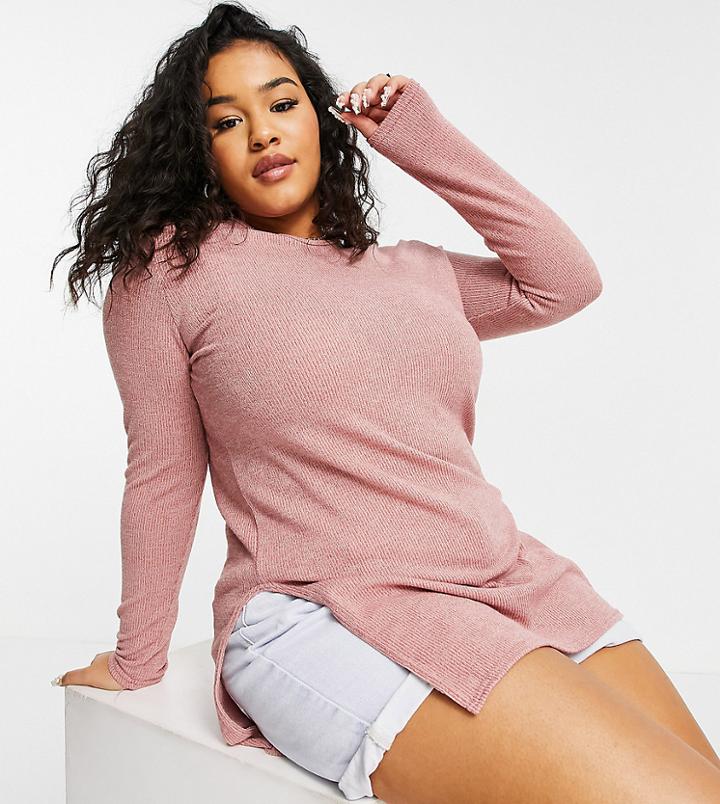 I Saw It First Plus Ribbed Long Sleeve Tunic Top In Pink
