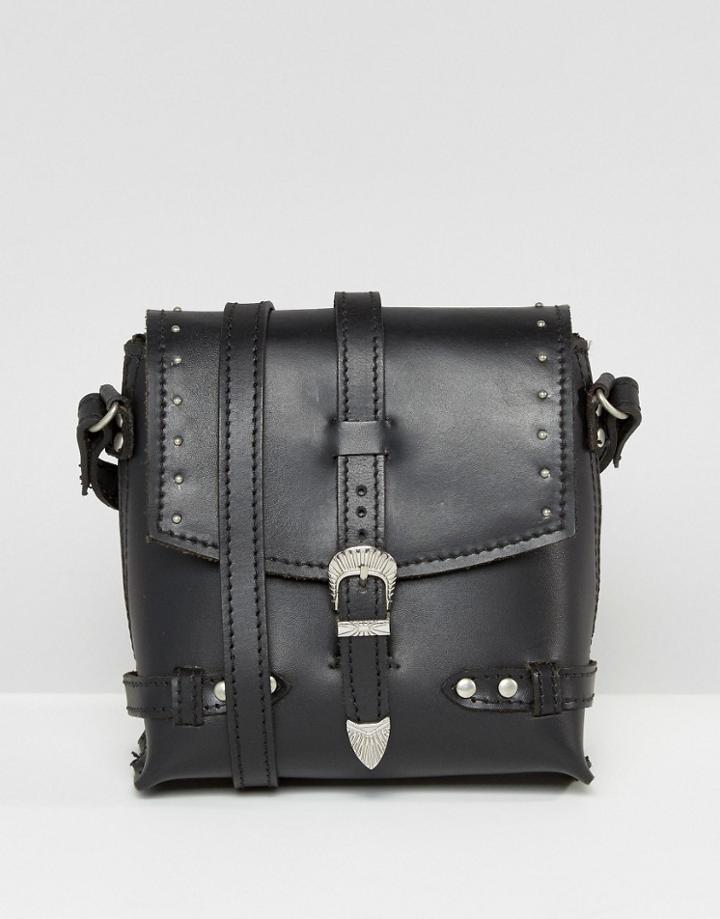 Asos Grunge Leather Studded Boxy Cross Body Bag - Black
