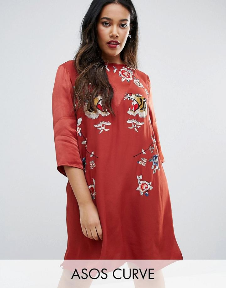 Asos Curve Premium Embroidered Shift Dress - Orange