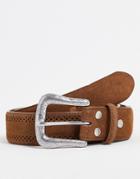 Asos Design Suede Western Belt In Tan With Detailed Buckle-brown