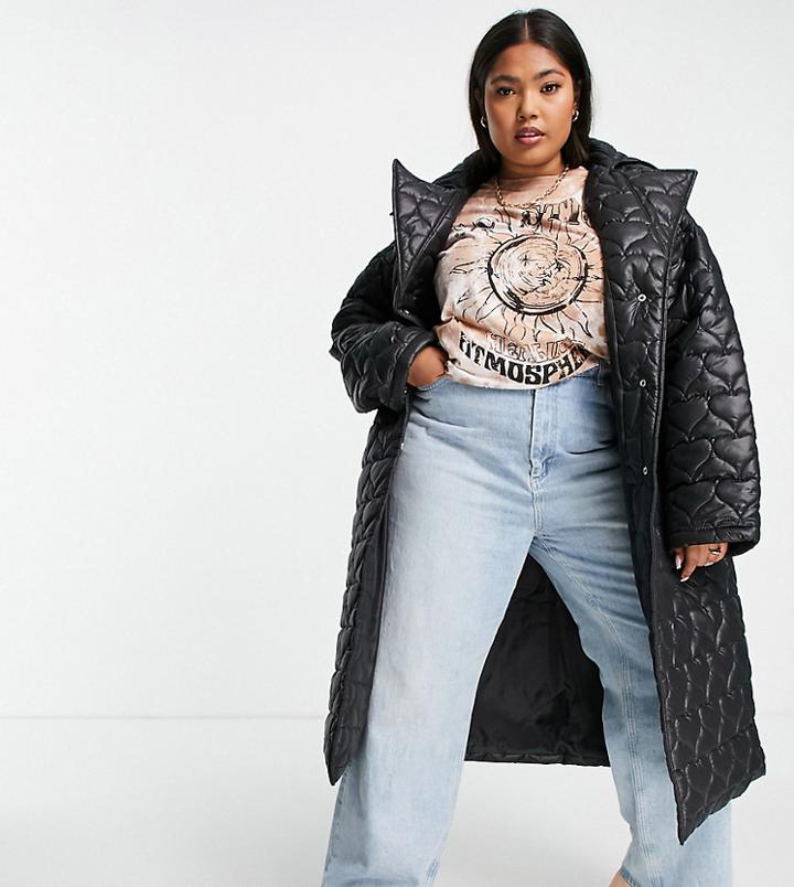Daisy Street Plus Longline Jacket In Heart Quilt-black
