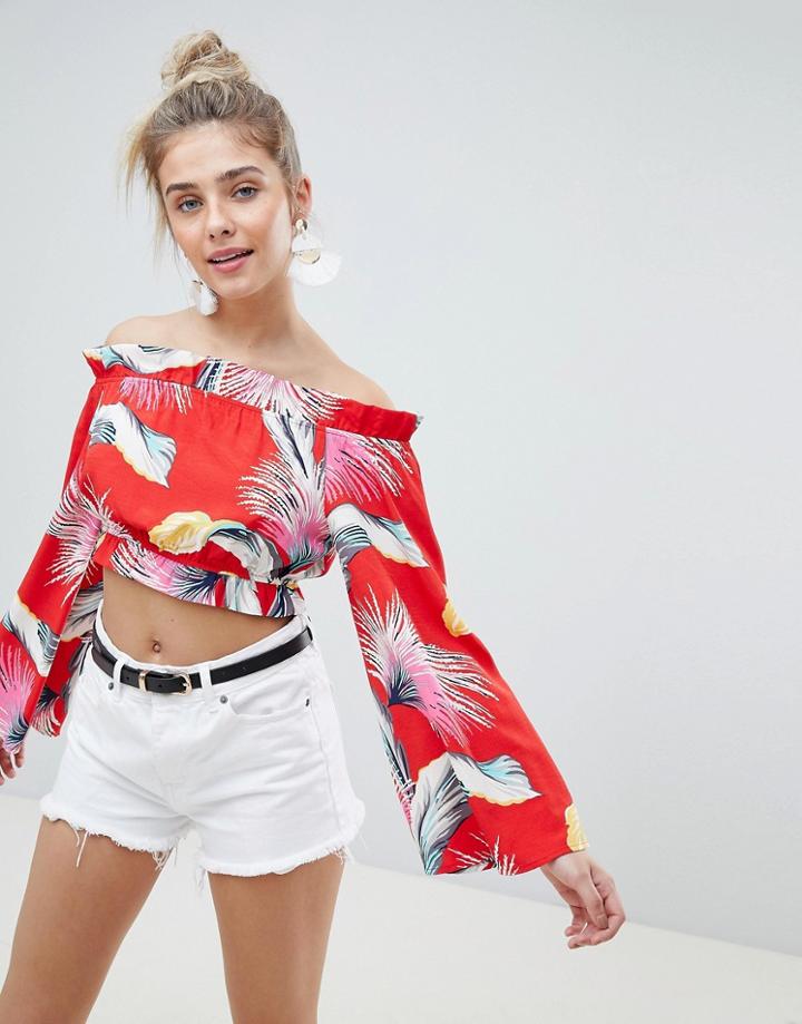 Prettylittlething Tropical Print Bardot Flare Sleeve Top - Red