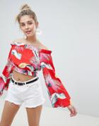 Prettylittlething Tropical Print Bardot Flare Sleeve Top - Red