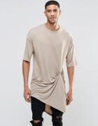 Asos Extreme Longline T-shirt With Popper Drape Detail In Beige - Silver Mink