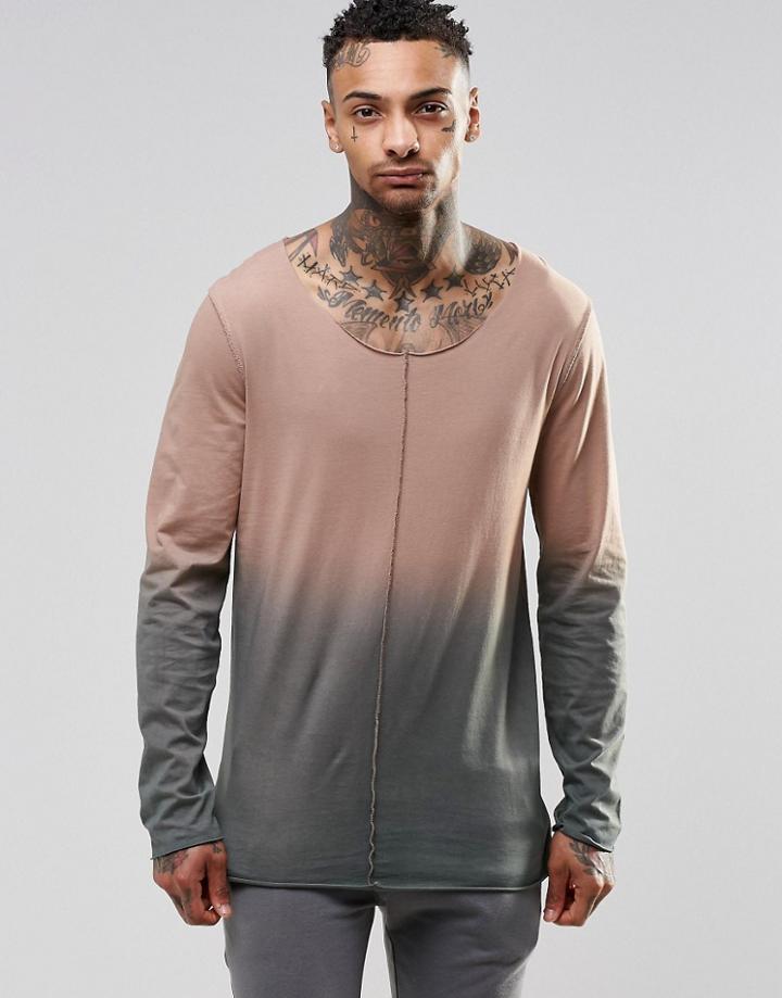 Asos Longline Long Sleeve T-shirt With Dip Dye And Raw Edge Seam Detail - Camel