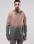 Asos Longline Long Sleeve T-shirt With Dip Dye And Raw Edge Seam Detail - Camel