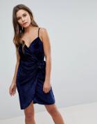 Parisian Velvet Cami Wrap Dress With Tie - Navy