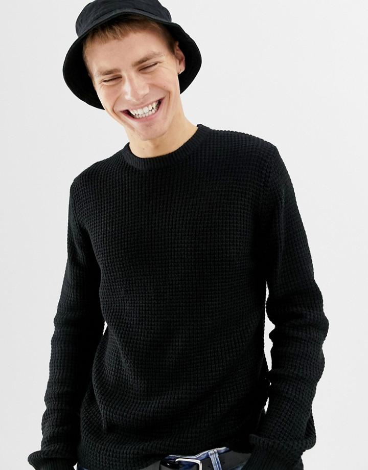 Brave Soul Crew Neck Waffle Knit Sweater-black