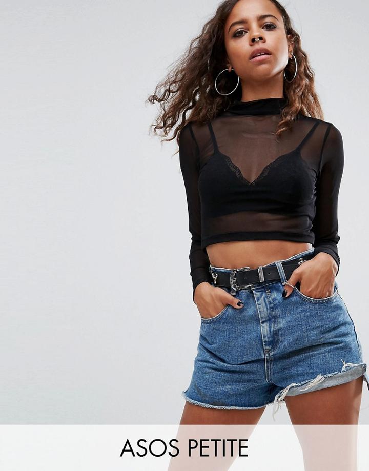 Asos Petite Top In Mesh With Lace Bra Detail - Black