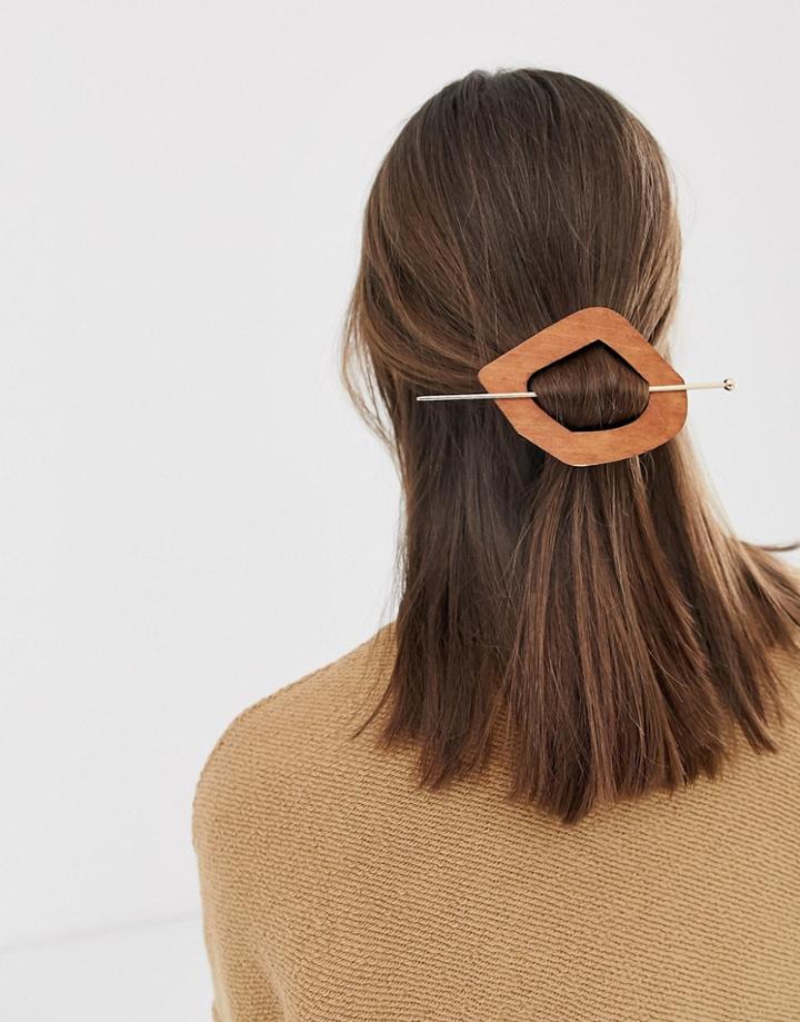 Asos Design Hair Pin With Open Circle Wood Shape In Gold Tone - Gold