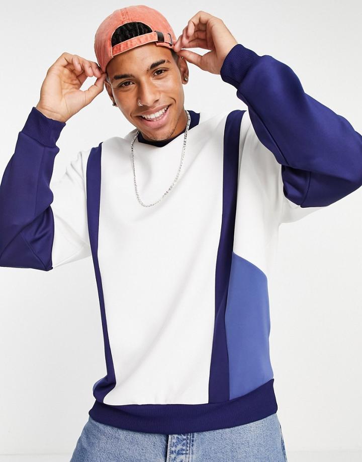 Asos Design Oversized Scuba Color Block Sweatshirt In White And Blue
