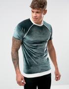 Asos Muscle T-shirt In Velour With Rib Hem And Piping - Green