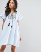 Mango Frill And Embroidered Smock Dress - Blue